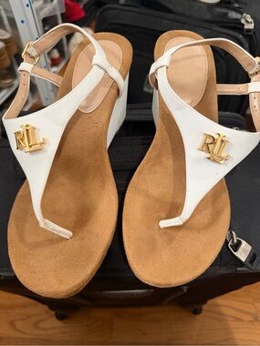 Annie White Leather T-Strap Wedge Sandals with Gold Accents